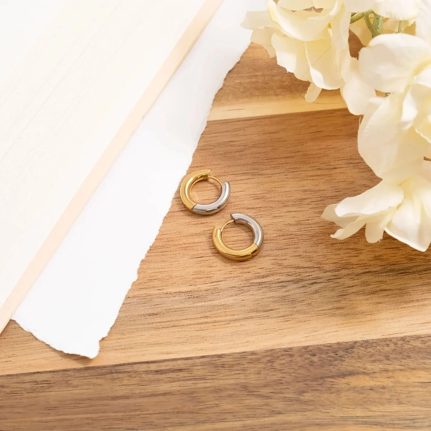 18K Gold PVD Mixed Metal Round Huggie Earrings - Image 5