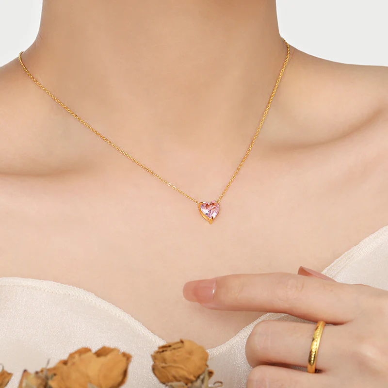 18K Gold PVD Necklace w/ Multicolor Heart Shaped Cubic Zirconia - Image 5